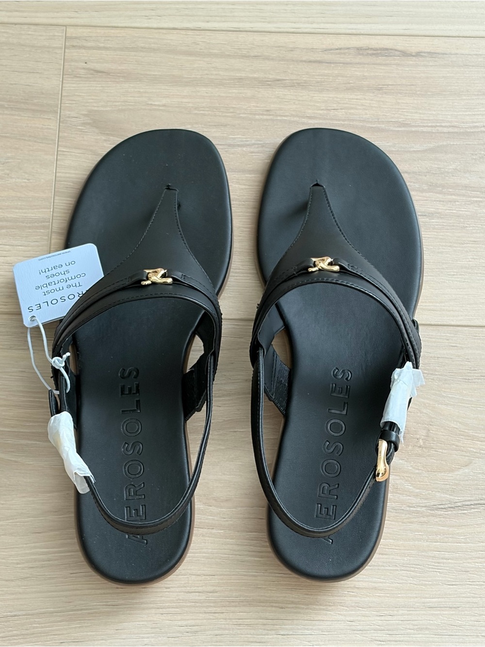π NEW Aerosoles Size 11 Gemal Black Faux Leather Slingback Sandal Gold Hardware - Picture 7 of 15